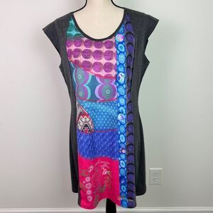 Desigual Women's Gray Colorful Graphic Front Cap Sleeve Dress US Size XL NWT